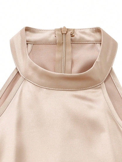 GlowEve Women's Elegant Satin Long Dress, Stand Collar & Waist Pleats Design, Casual Vacation Daily Outdoor Party Dress For Women