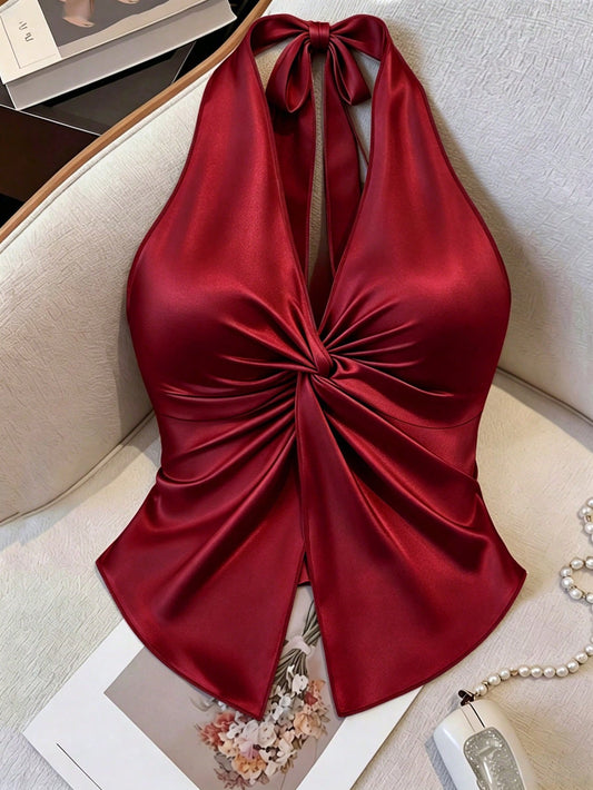 GlowEve Women's Fashion Halter Neck Twist Knot Asymmetrical Hem, Slit, Spring/Summer Tank Top, Elastic Knit Top, Suitable For Party, Date, Dinner, Wedding Season, Holiday Celebration, All Seasons, Wom