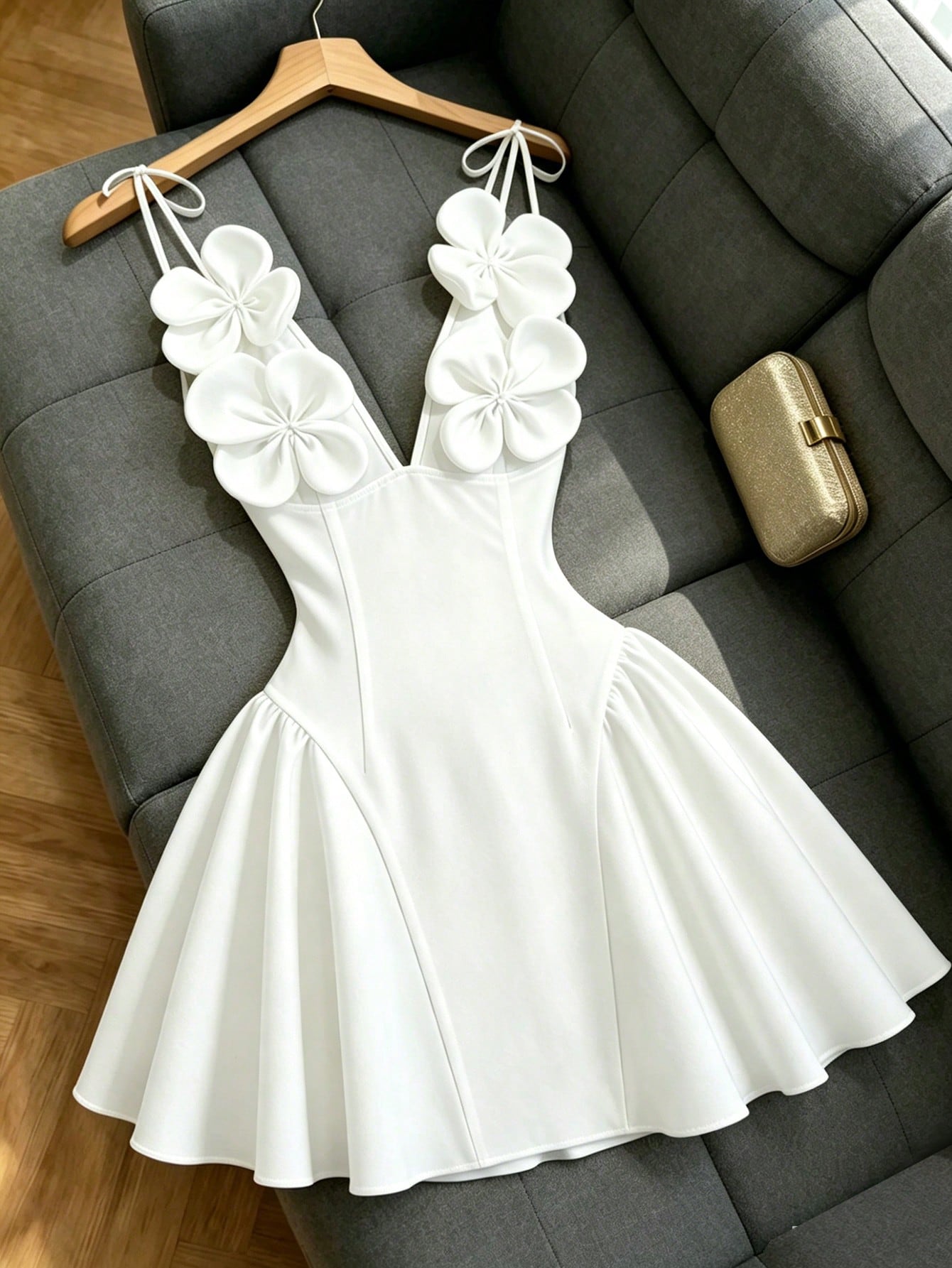 GlowEve Women's Floral Decor Valentine's Day Party Evening Dress, Elegant Sexy Spaghetti Strap Cinched Waist Mini Dress, Spring And Summer