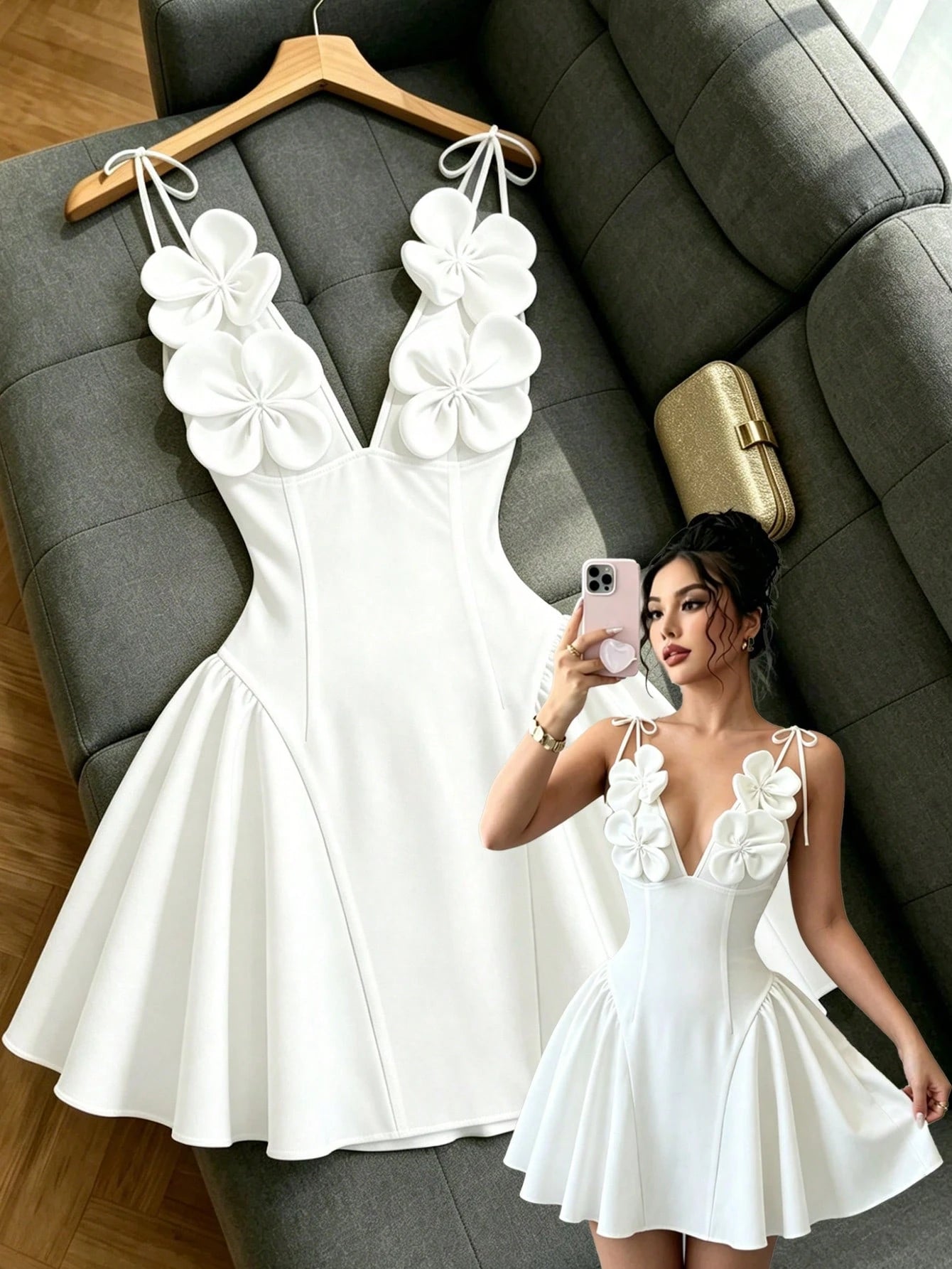 GlowEve Women's Floral Decor Valentine's Day Party Evening Dress, Elegant Sexy Spaghetti Strap Cinched Waist Mini Dress, Spring And Summer