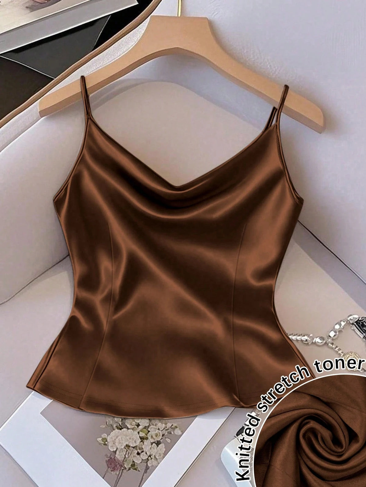 GlowEve Women's Shiny Woven Fabric Sleeveless Gathered Waist Fitted Casual Camisole, Suitable For Spring, Autumn And Winter