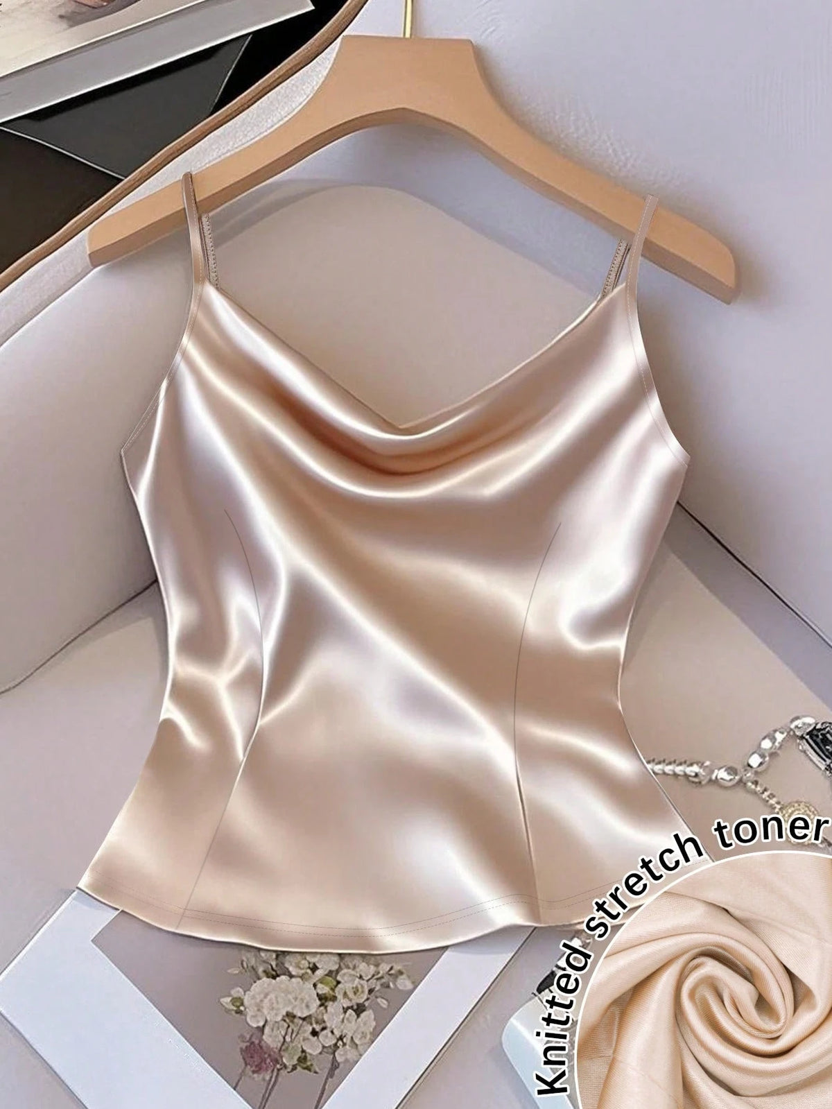 GlowEve Women's Shiny Woven Fabric Sleeveless Gathered Waist Fitted Casual Camisole, Suitable For Spring, Autumn And Winter