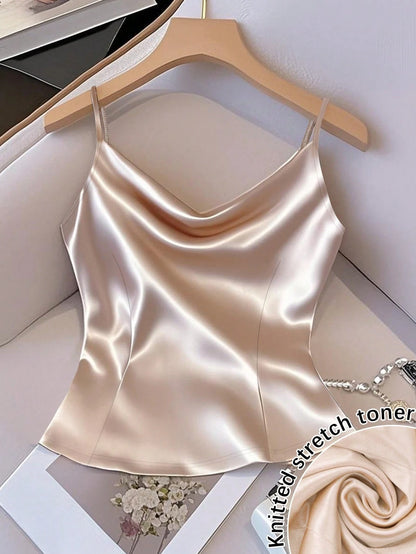 GlowEve Women's Shiny Woven Fabric Sleeveless Gathered Waist Fitted Casual Camisole, Suitable For Spring, Autumn And Winter