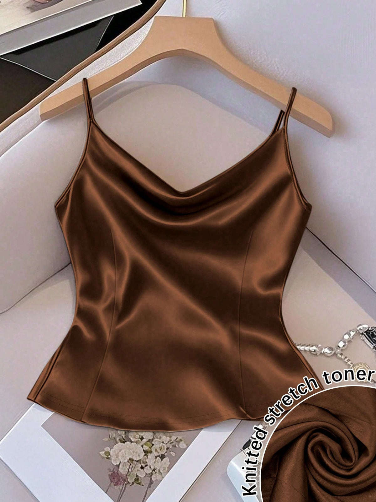 GlowEve Women's Shiny Woven Fabric Sleeveless Gathered Waist Fitted Casual Camisole, Suitable For Spring, Autumn And Winter