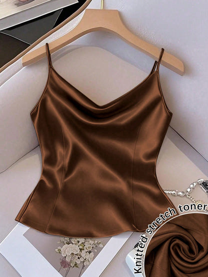 GlowEve Women's Shiny Woven Fabric Sleeveless Gathered Waist Fitted Casual Camisole, Suitable For Spring, Autumn And Winter