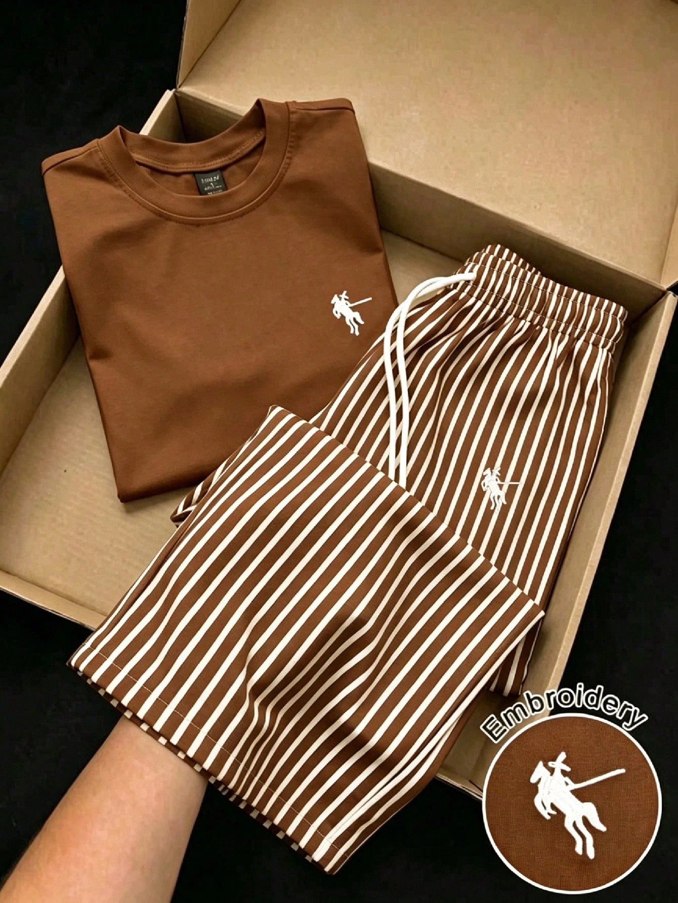 GlowEve Women's Summer Casual Gym Brown And White Polka Dot Embroidered Round Neck Short Sleeve Tight T-Shirt And Striped Print Drawstring Pants 2 Pieces Set