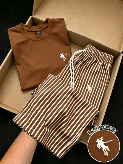 GlowEve Women's Summer Casual Gym Brown And White Polka Dot Embroidered Round Neck Short Sleeve Tight T-Shirt And Striped Print Drawstring Pants 2 Pieces Set