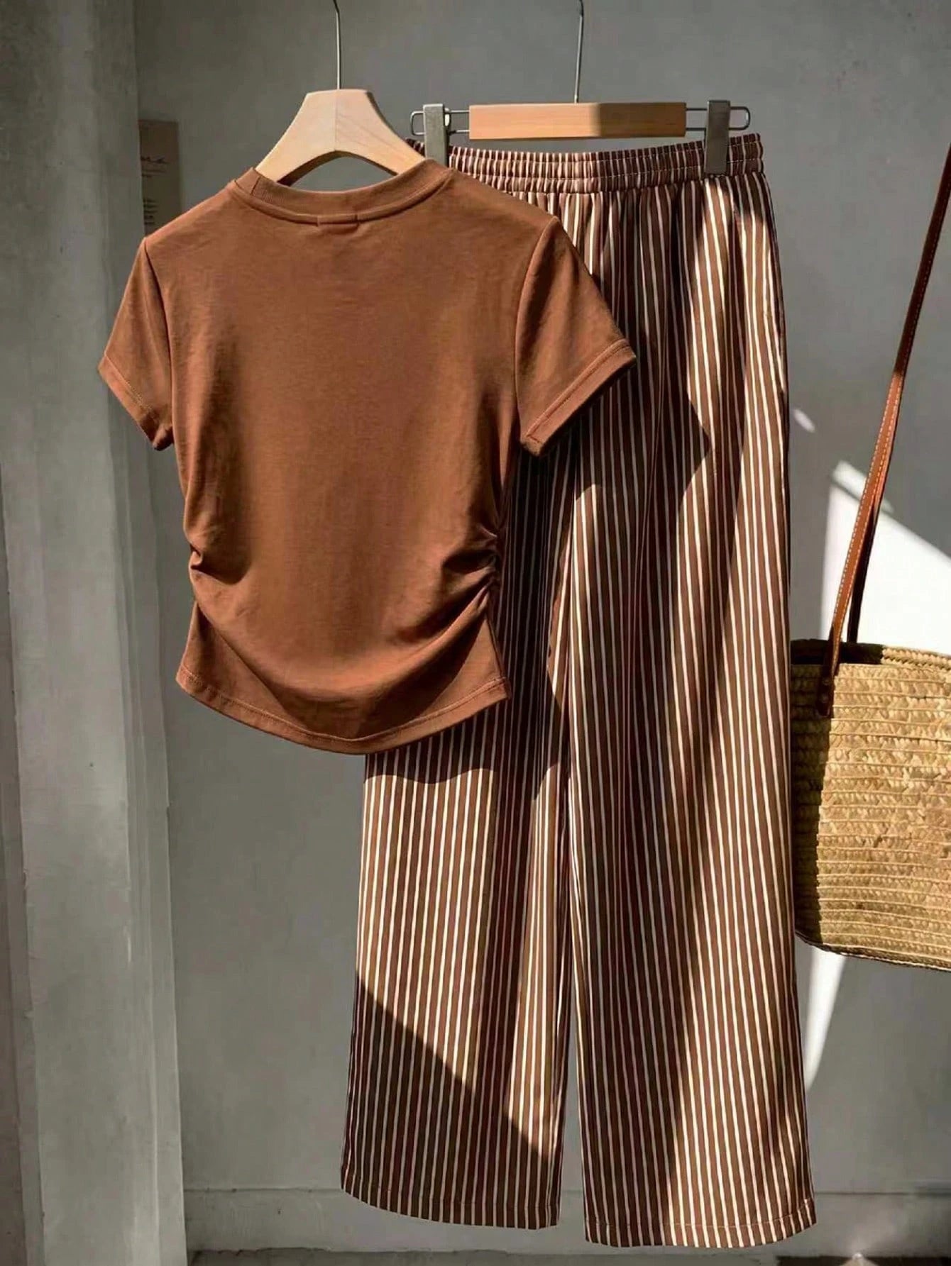 GlowEve Women's Summer Casual Gym Brown And White Polka Dot Embroidered Round Neck Short Sleeve Tight T-Shirt And Striped Print Drawstring Pants 2 Pieces Set