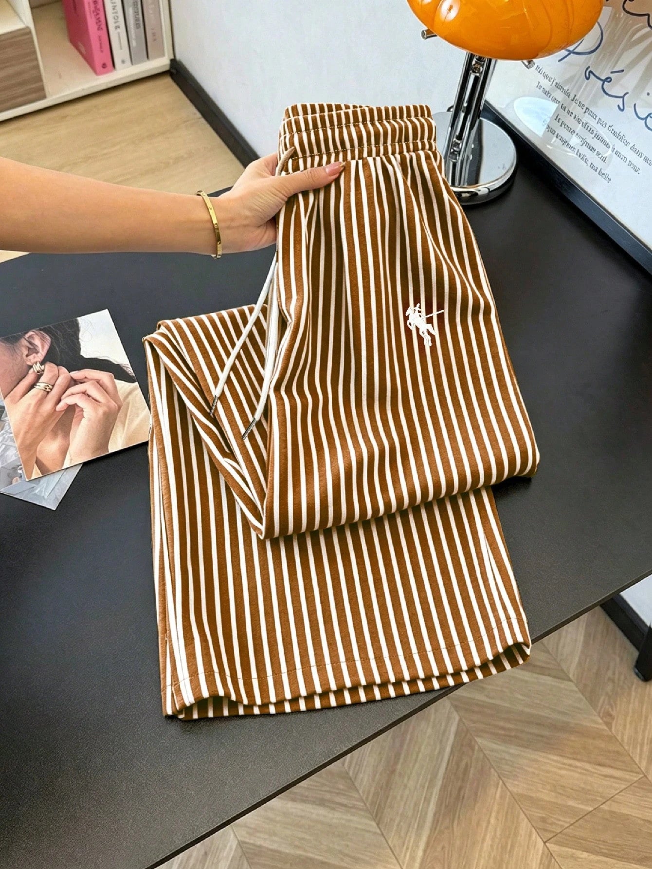 GlowEve Women's Summer Casual Gym Brown And White Polka Dot Embroidered Round Neck Short Sleeve Tight T-Shirt And Striped Print Drawstring Pants 2 Pieces Set