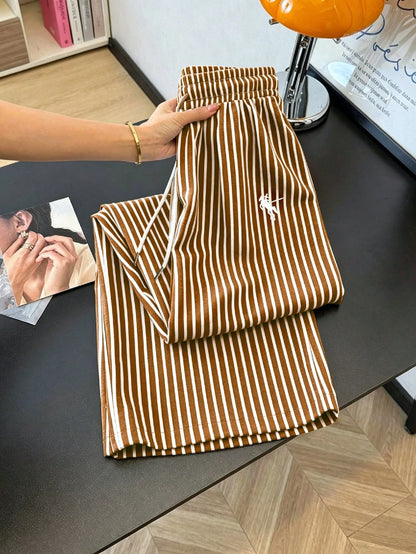 GlowEve Women's Summer Casual Gym Brown And White Polka Dot Embroidered Round Neck Short Sleeve Tight T-Shirt And Striped Print Drawstring Pants 2 Pieces Set