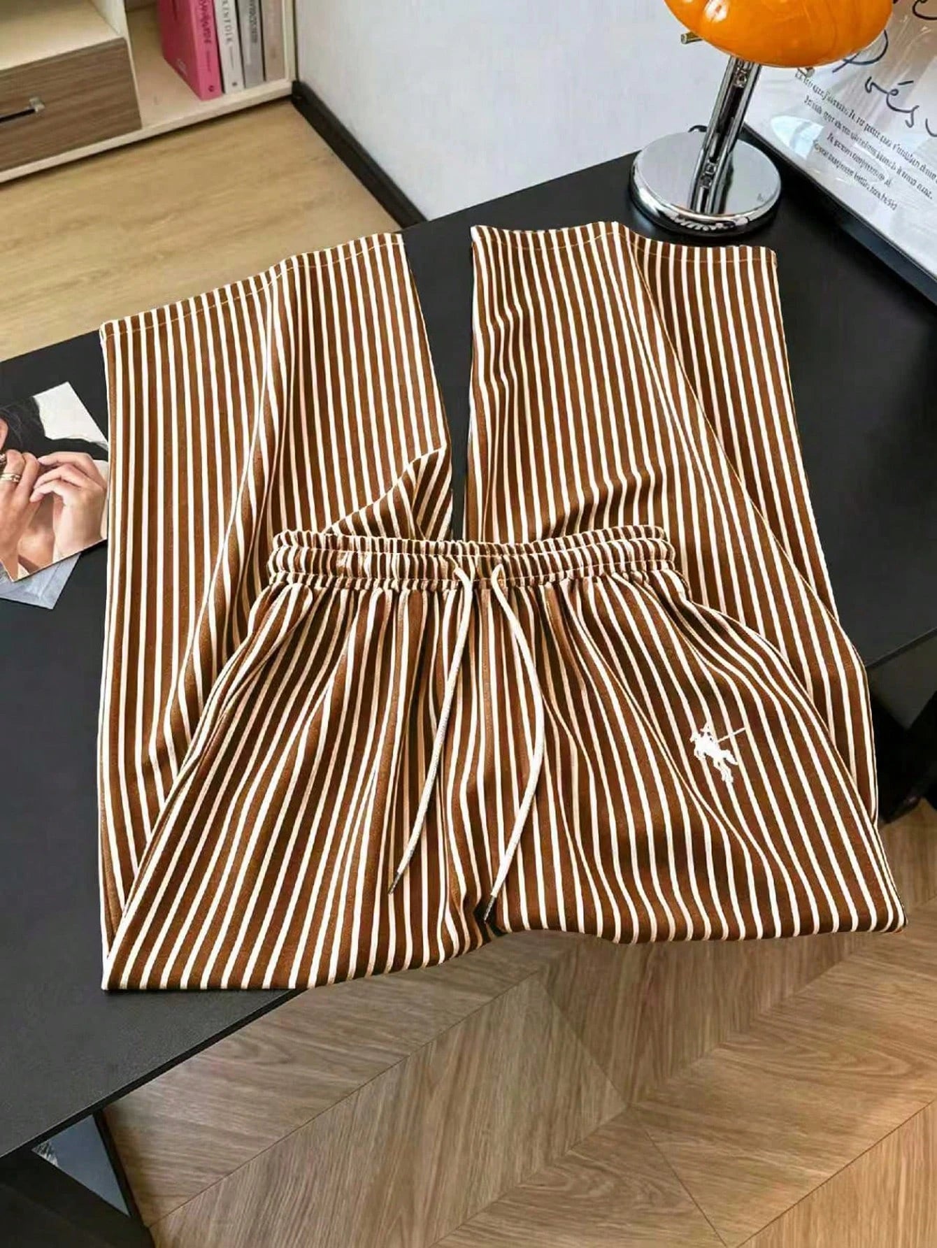 GlowEve Women's Summer Casual Gym Brown And White Polka Dot Embroidered Round Neck Short Sleeve Tight T-Shirt And Striped Print Drawstring Pants 2 Pieces Set
