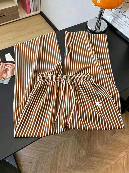 GlowEve Women's Summer Casual Gym Brown And White Polka Dot Embroidered Round Neck Short Sleeve Tight T-Shirt And Striped Print Drawstring Pants 2 Pieces Set