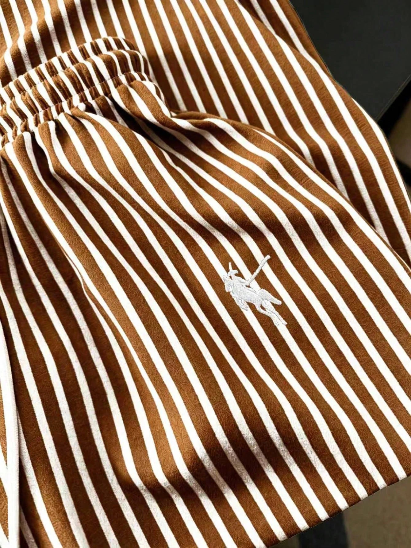 GlowEve Women's Summer Casual Gym Brown And White Polka Dot Embroidered Round Neck Short Sleeve Tight T-Shirt And Striped Print Drawstring Pants 2 Pieces Set