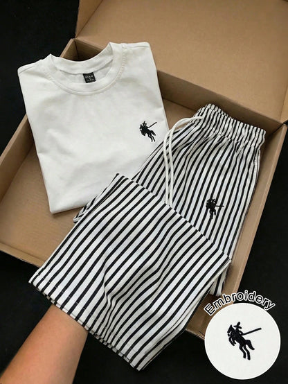 GlowEve Women's Summer Casual Gym Brown And White Polka Dot Embroidered Round Neck Short Sleeve Tight T-Shirt And Striped Print Drawstring Pants 2 Pieces Set