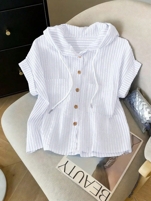 GlowEve Women's Summer Casual Versatile Textured Striped Chiffon Hooded Blouse With Pockets, Short Sleeve