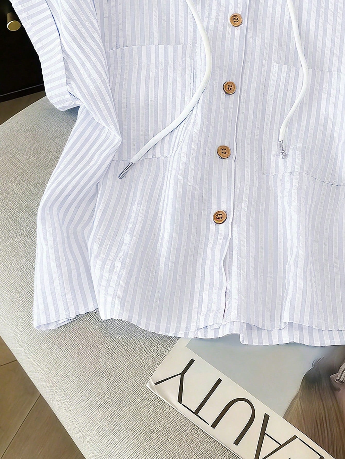 GlowEve Women's Summer Casual Versatile Textured Striped Chiffon Hooded Blouse With Pockets, Short Sleeve