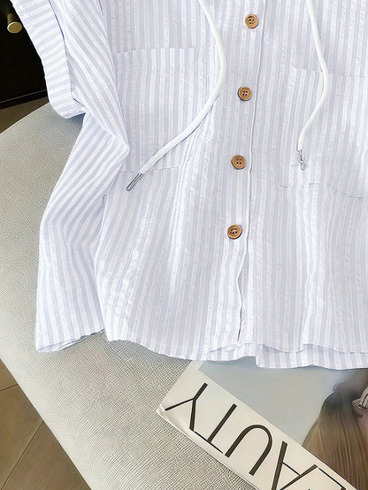 GlowEve Women's Summer Casual Versatile Textured Striped Chiffon Hooded Blouse With Pockets, Short Sleeve