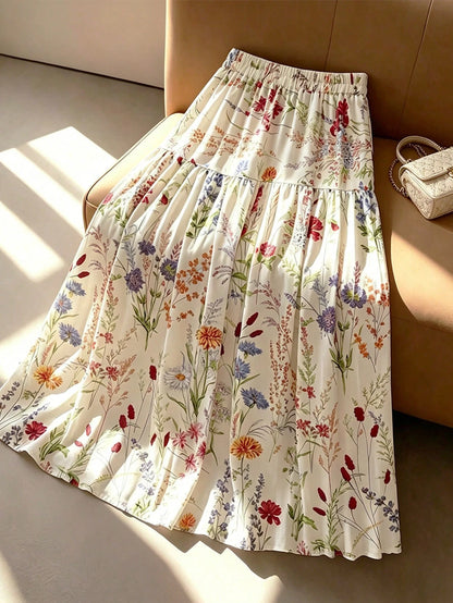 GlowEve Women's Summer Colorful Print Elastic Waist Pleated Maxi Skirt, Summer, Boho, Picnic, Vacation Elegant, Street Photography, Teacher