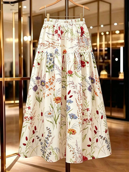 GlowEve Women's Summer Colorful Print Elastic Waist Pleated Maxi Skirt, Summer, Boho, Picnic, Vacation Elegant, Street Photography, Teacher