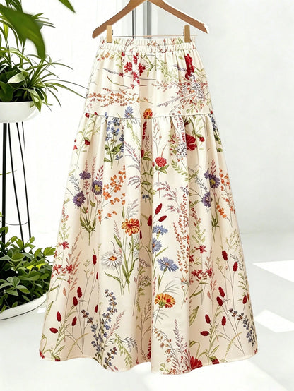 GlowEve Women's Summer Colorful Print Elastic Waist Pleated Maxi Skirt, Summer, Boho, Picnic, Vacation Elegant, Street Photography, Teacher