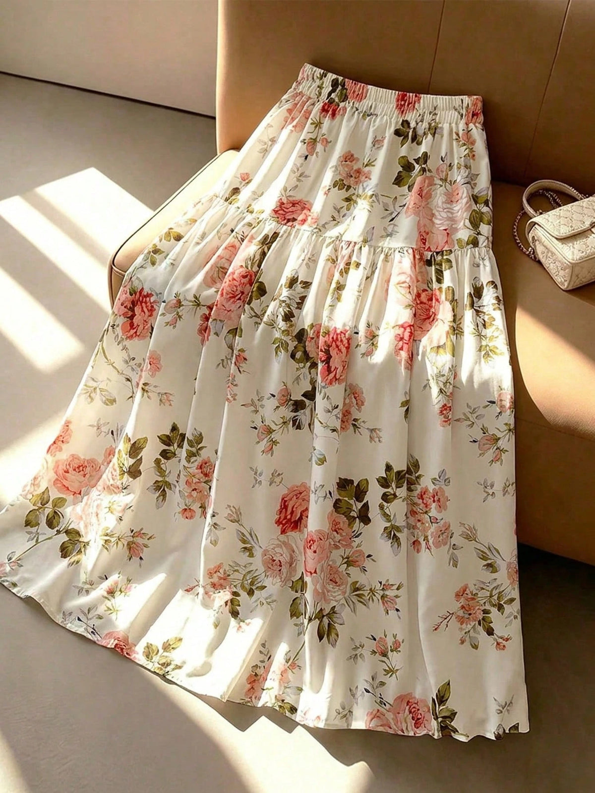 GlowEve Women's Summer Colorful Print Elastic Waist Pleated Maxi Skirt, Summer, Boho, Picnic, Vacation Elegant, Street Photography, Teacher
