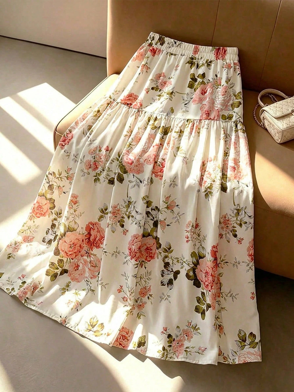 GlowEve Women's Summer Colorful Print Elastic Waist Pleated Maxi Skirt, Summer, Boho, Picnic, Vacation Elegant, Street Photography, Teacher