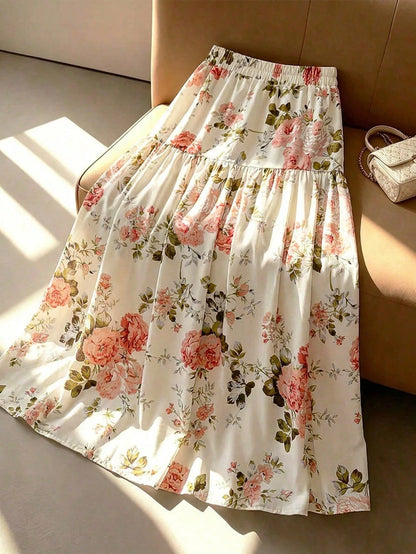 GlowEve Women's Summer Colorful Print Elastic Waist Pleated Maxi Skirt, Summer, Boho, Picnic, Vacation Elegant, Street Photography, Teacher
