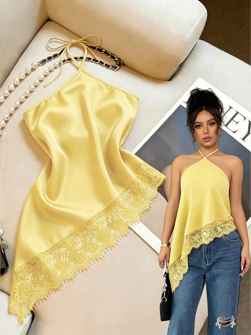 GlowEve Yellow, Summer, Seductive, Night Out Women's Halter Neck Tie Top, Asymmetric Hem Lace Trim Backless Top, Sleeveless Top, Party
