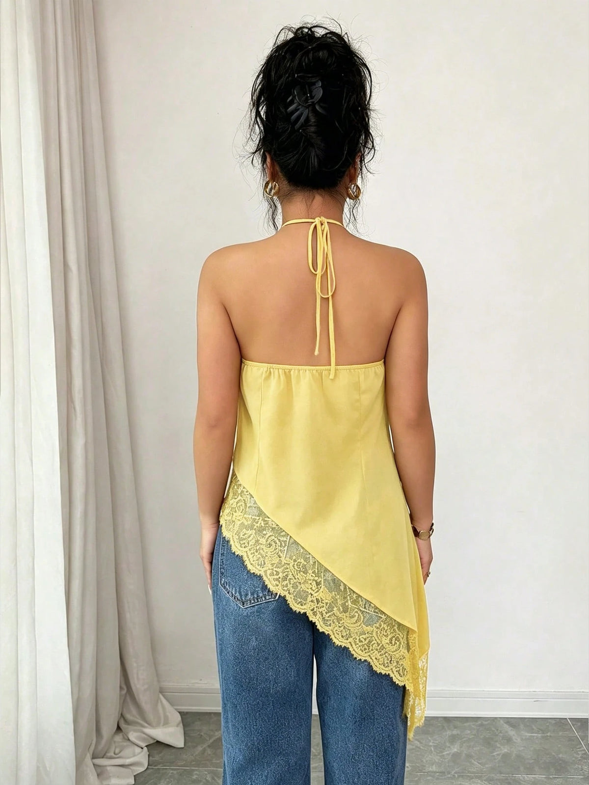 GlowEve Yellow, Summer, Seductive, Night Out Women's Halter Neck Tie Top, Asymmetric Hem Lace Trim Backless Top, Sleeveless Top, Party