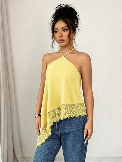 GlowEve Yellow, Summer, Seductive, Night Out Women's Halter Neck Tie Top, Asymmetric Hem Lace Trim Backless Top, Sleeveless Top, Party