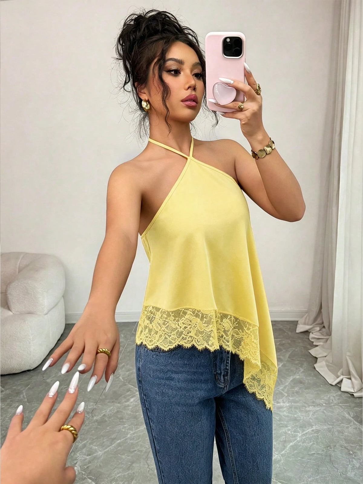 GlowEve Yellow, Summer, Seductive, Night Out Women's Halter Neck Tie Top, Asymmetric Hem Lace Trim Backless Top, Sleeveless Top, Party