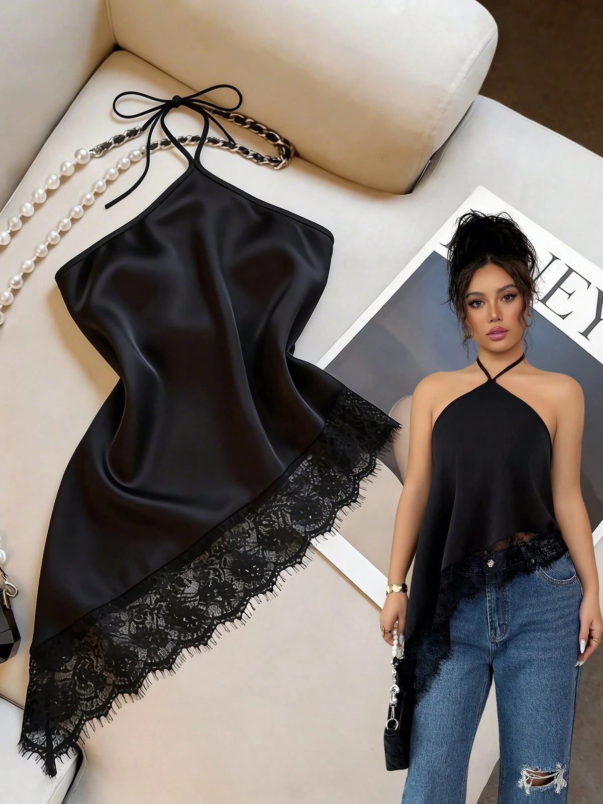 GlowEve Yellow, Summer, Seductive, Night Out Women's Halter Neck Tie Top, Asymmetric Hem Lace Trim Backless Top, Sleeveless Top, Party
