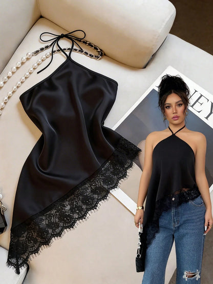 GlowEve Yellow, Summer, Seductive, Night Out Women's Halter Neck Tie Top, Asymmetric Hem Lace Trim Backless Top, Sleeveless Top, Party