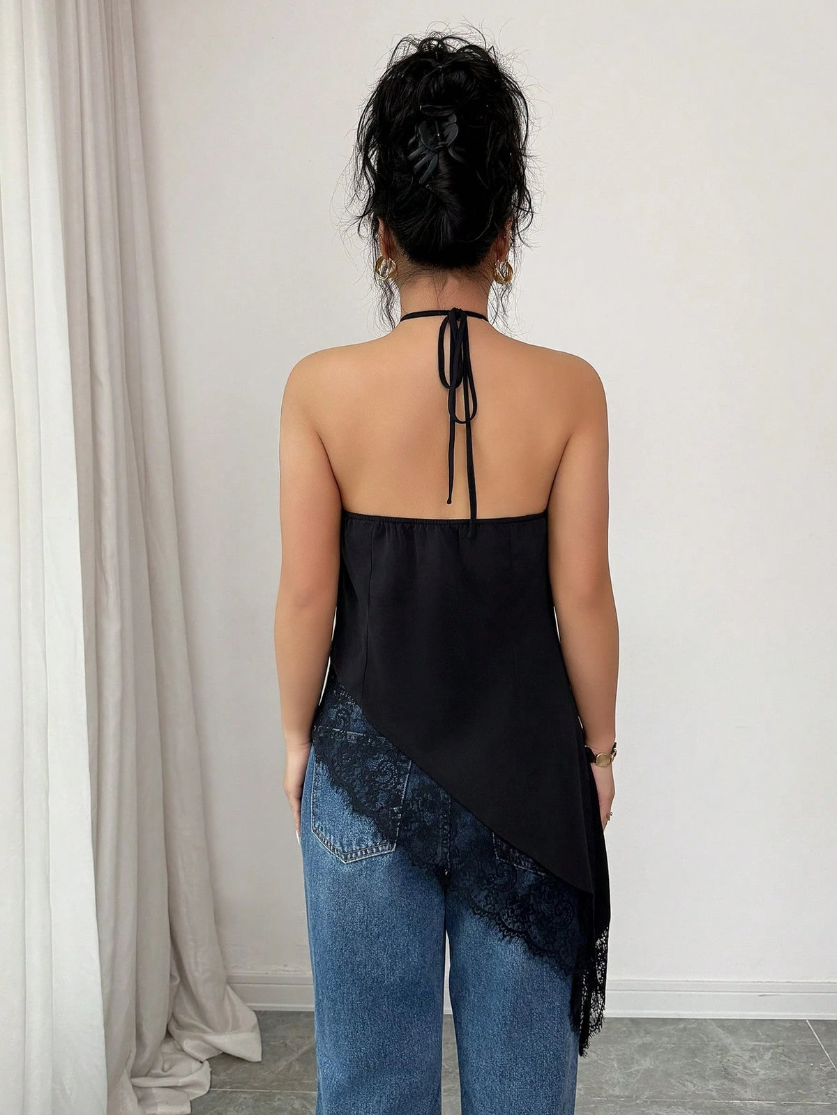 GlowEve Yellow, Summer, Seductive, Night Out Women's Halter Neck Tie Top, Asymmetric Hem Lace Trim Backless Top, Sleeveless Top, Party