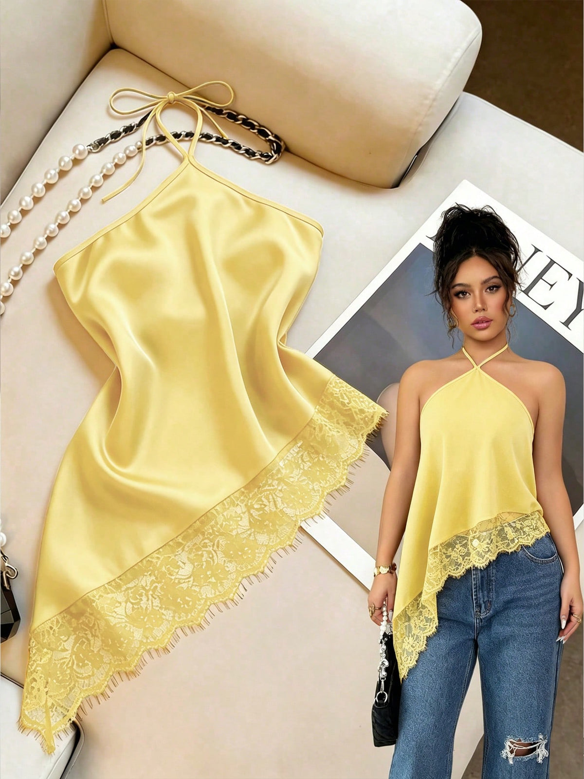 GlowEve Yellow, Summer, Seductive, Night Out Women's Halter Neck Tie Top, Asymmetric Hem Lace Trim Backless Top, Sleeveless Top, Party