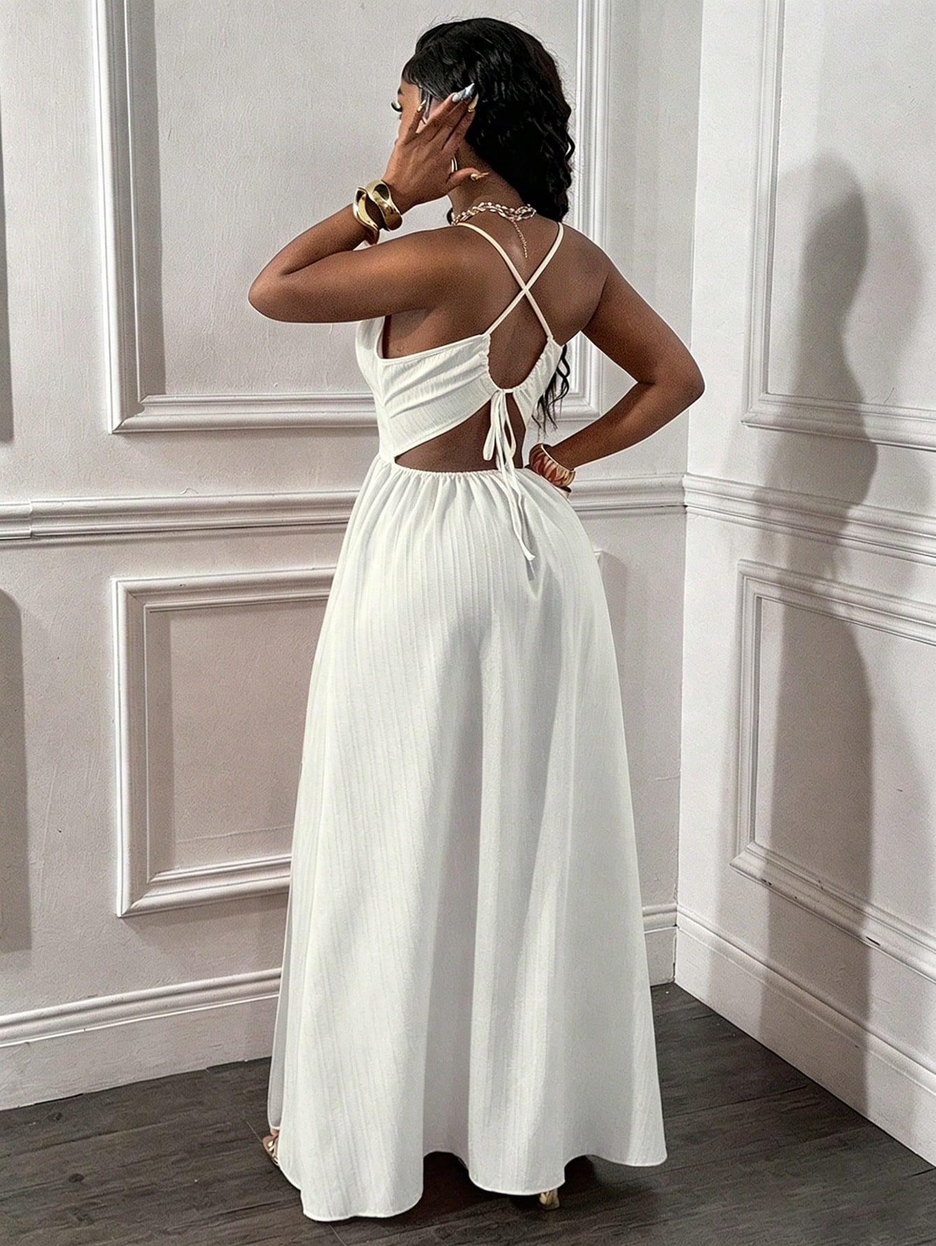 Glyssa Women's Elegant Spaghetti Strap Backless Criss-Cross Front Hollow U-Shaped Buckle Ruched Hem High Slit Dress Vacation White Summer