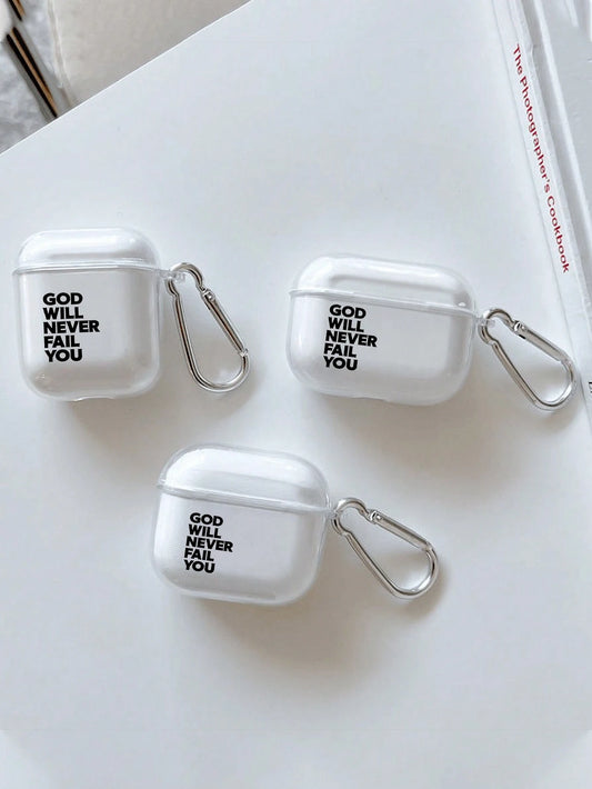 "God Will Never Let You Down" Inspirational Earphone Protective Case With Hook, Transparent Soft TPU Shockproof Protective Shell, Christian Religious Motivational Design Compatible With Earphone 1/2/3
