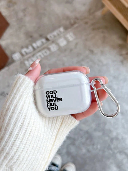 "God Will Never Let You Down" Inspirational Earphone Protective Case With Hook, Transparent Soft TPU Shockproof Protective Shell, Christian Religious Motivational Design Compatible With Earphone 1/2/3