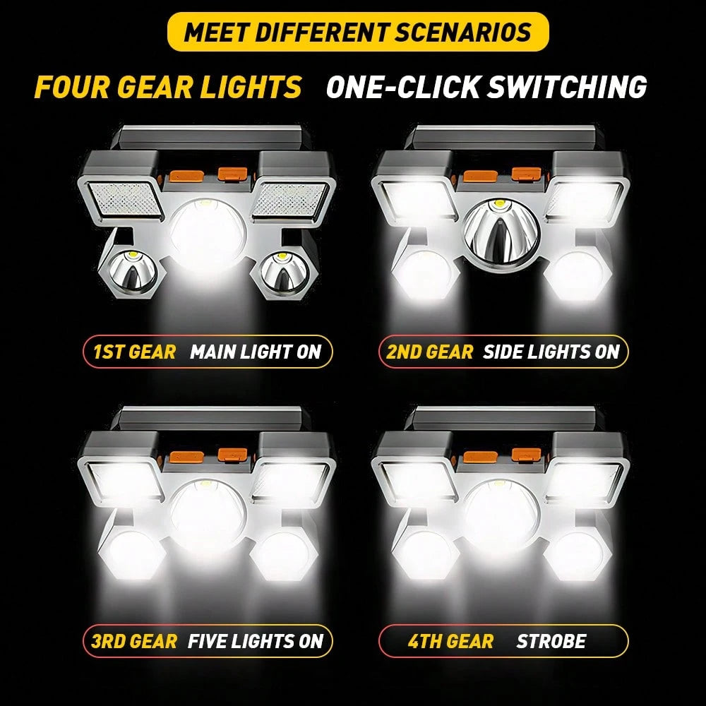 Golden Shell 5 LED Headlamp Rechargeable, 1200mAh Ultra Bright 280LM Head Lamp With 1000M Long Range, USB Charging 4 Modes 90° Adjustable Headlights For Camping Gear Hunting Fishing Running Hiking Out