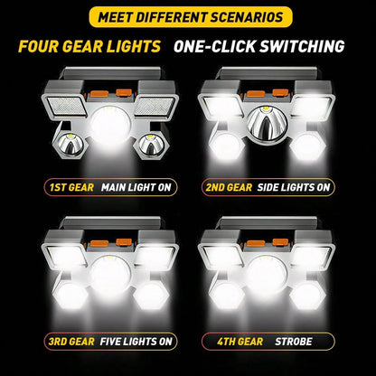 Golden Shell 5 LED Headlamp Rechargeable, 1200mAh Ultra Bright 280LM Head Lamp With 1000M Long Range, USB Charging 4 Modes 90° Adjustable Headlights For Camping Gear Hunting Fishing Running Hiking Out