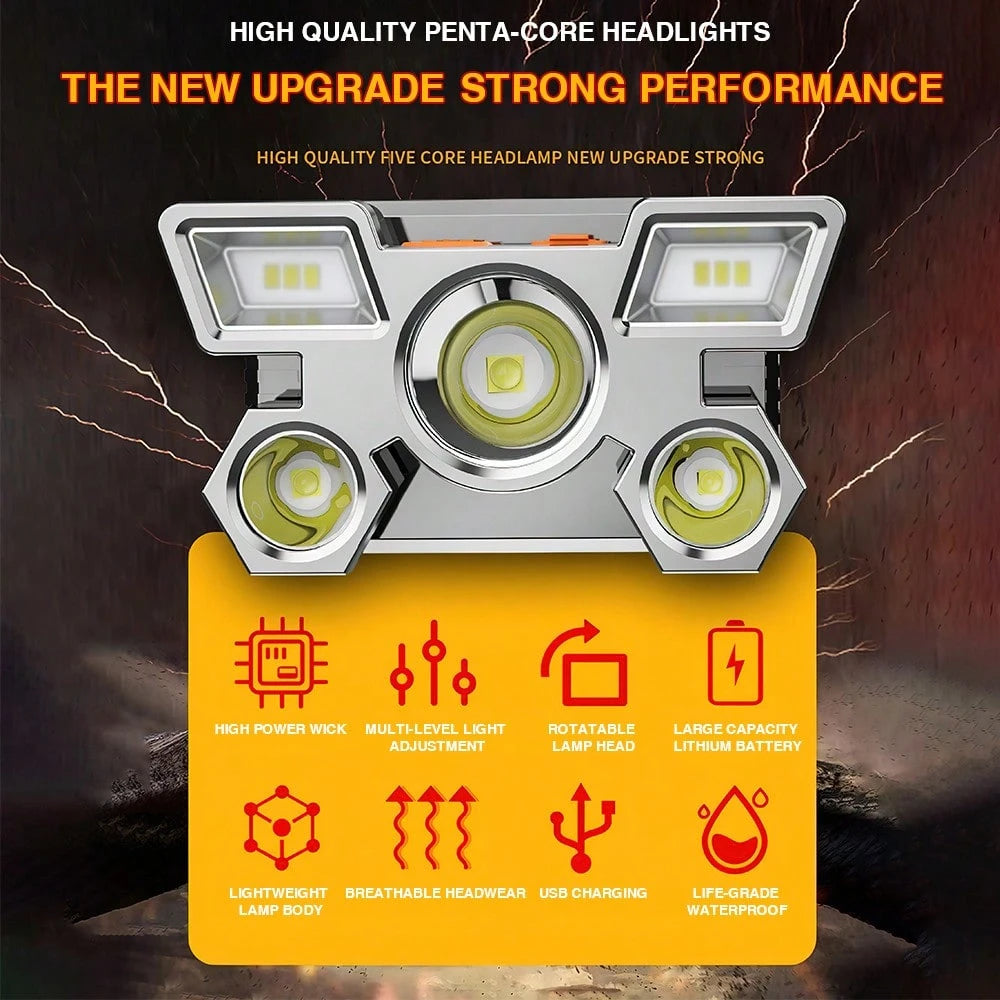 Golden Shell 5 LED Headlamp Rechargeable, 1200mAh Ultra Bright 280LM Head Lamp With 1000M Long Range, USB Charging 4 Modes 90° Adjustable Headlights For Camping Gear Hunting Fishing Running Hiking Out
