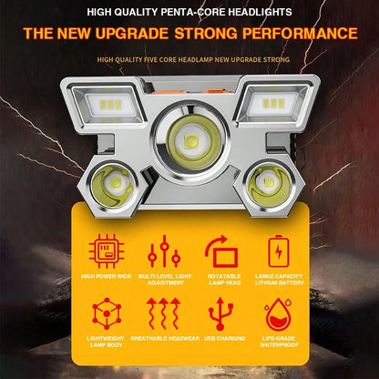 Golden Shell 5 LED Headlamp Rechargeable, 1200mAh Ultra Bright 280LM Head Lamp With 1000M Long Range, USB Charging 4 Modes 90° Adjustable Headlights For Camping Gear Hunting Fishing Running Hiking Out