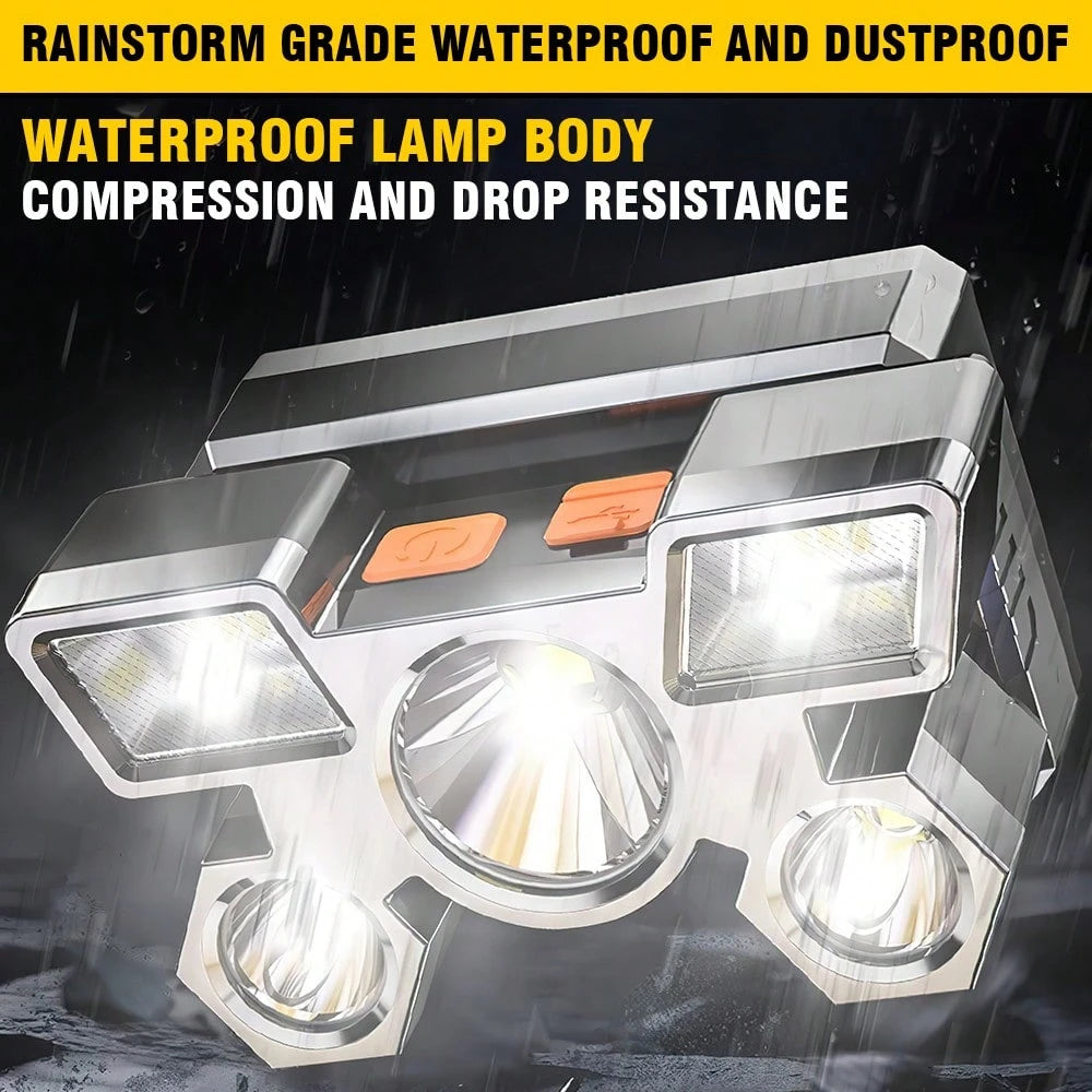 Golden Shell 5 LED Headlamp Rechargeable, 1200mAh Ultra Bright 280LM Head Lamp With 1000M Long Range, USB Charging 4 Modes 90° Adjustable Headlights For Camping Gear Hunting Fishing Running Hiking Out