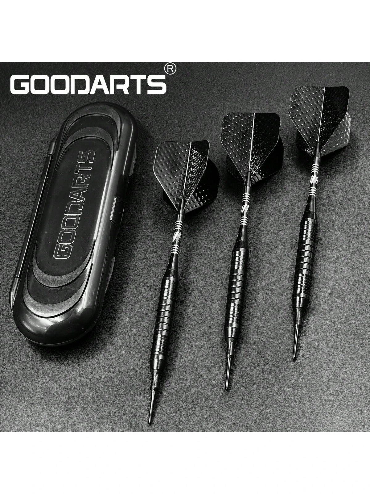 GOODARTS- Pure Black Darts Set- 3 Pcs Professional Business Gift With Plastic Casing, 3 Plastic Replacement Shafts, 3 Spring Rings