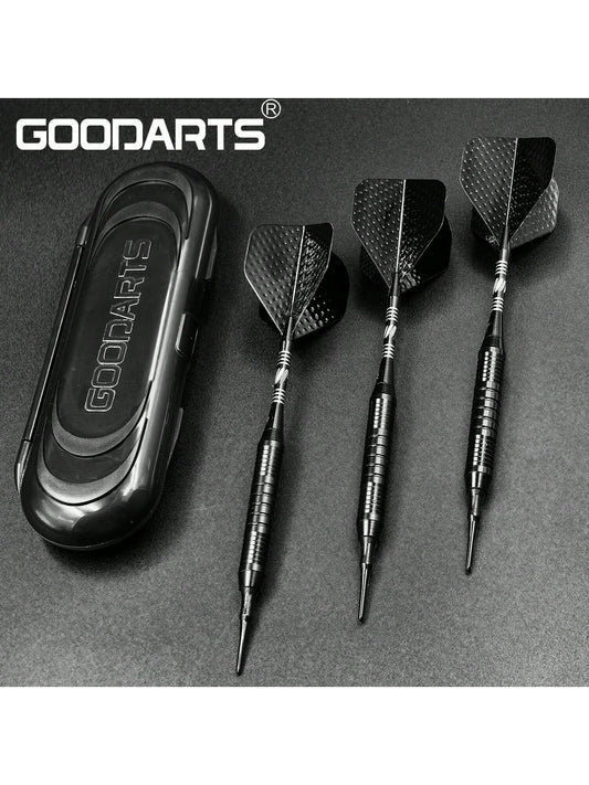 GOODARTS- Pure Black Darts Set- 3 Pcs Professional Business Gift With Plastic Casing, 3 Plastic Replacement Shafts, 3 Spring Rings