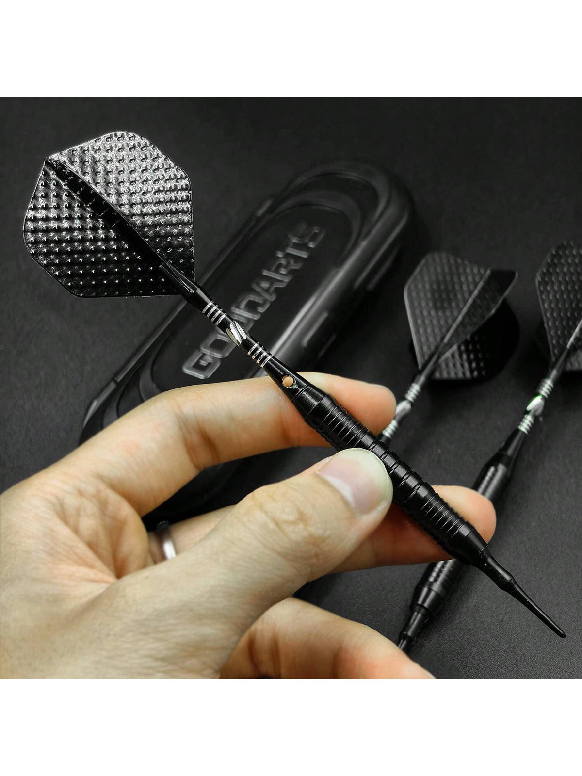 GOODARTS- Pure Black Darts Set- 3 Pcs Professional Business Gift With Plastic Casing, 3 Plastic Replacement Shafts, 3 Spring Rings