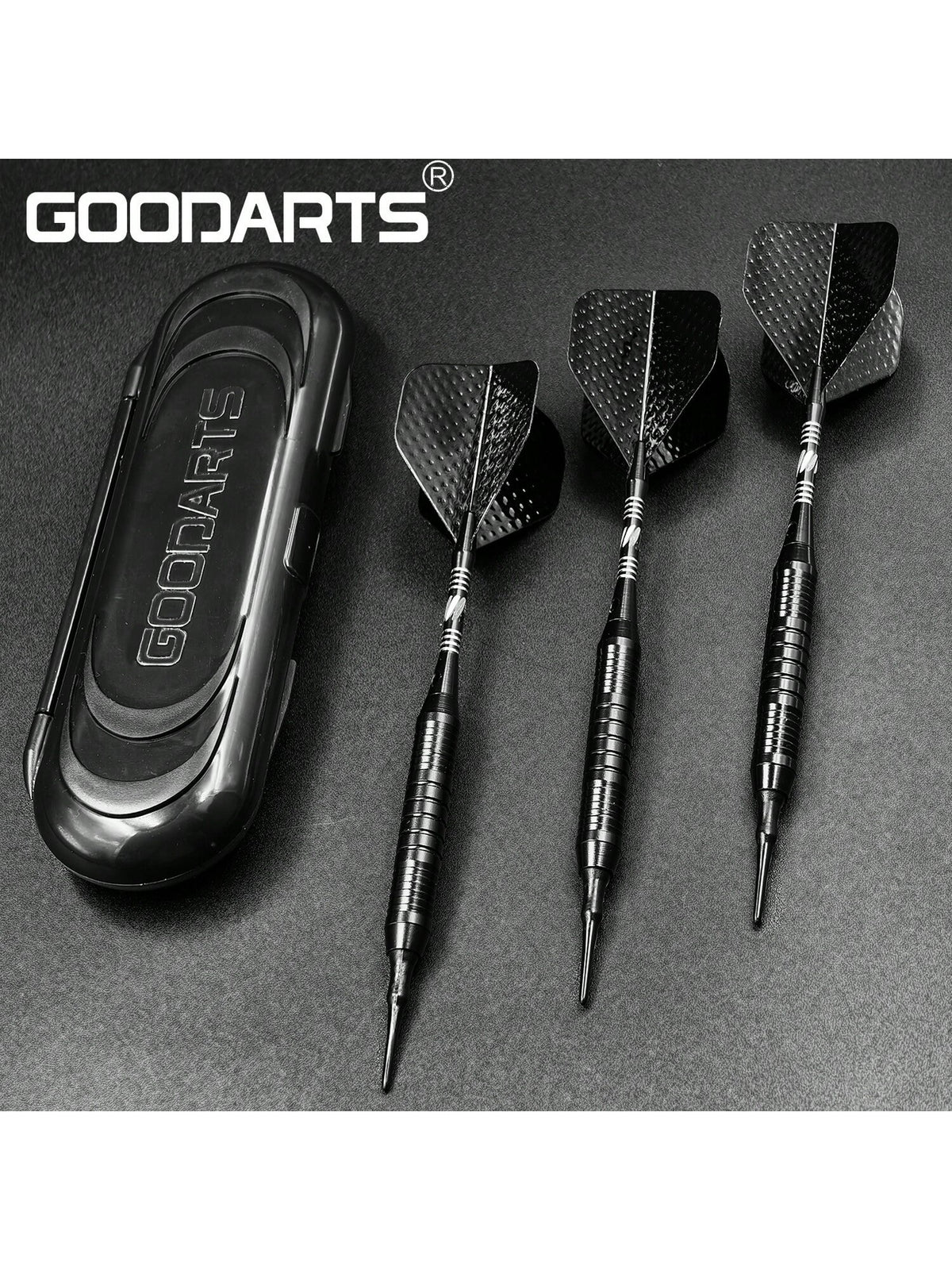 GOODARTS- Pure Black Darts Set- 3 Pcs Professional Business Gift With Plastic Casing, 3 Plastic Replacement Shafts, 3 Spring Rings