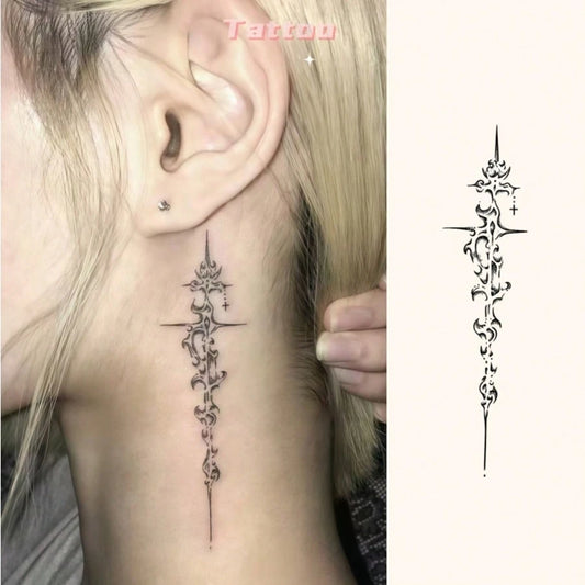 Gothic Bible Sword Temporary Tattoo- Lasts 1-2 Weeks, Easy To Apply And Remove, Bold Dark Icon Design With Intricate Sword And Cross Patterns