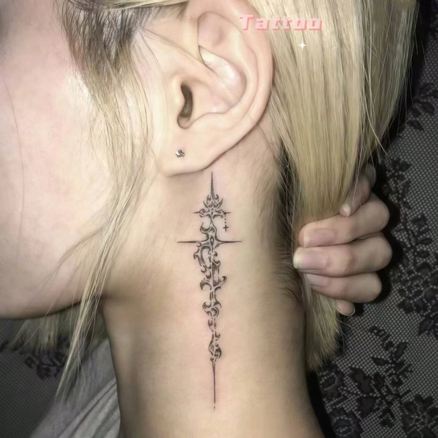 Gothic Bible Sword Temporary Tattoo- Lasts 1-2 Weeks, Easy To Apply And Remove, Bold Dark Icon Design With Intricate Sword And Cross Patterns