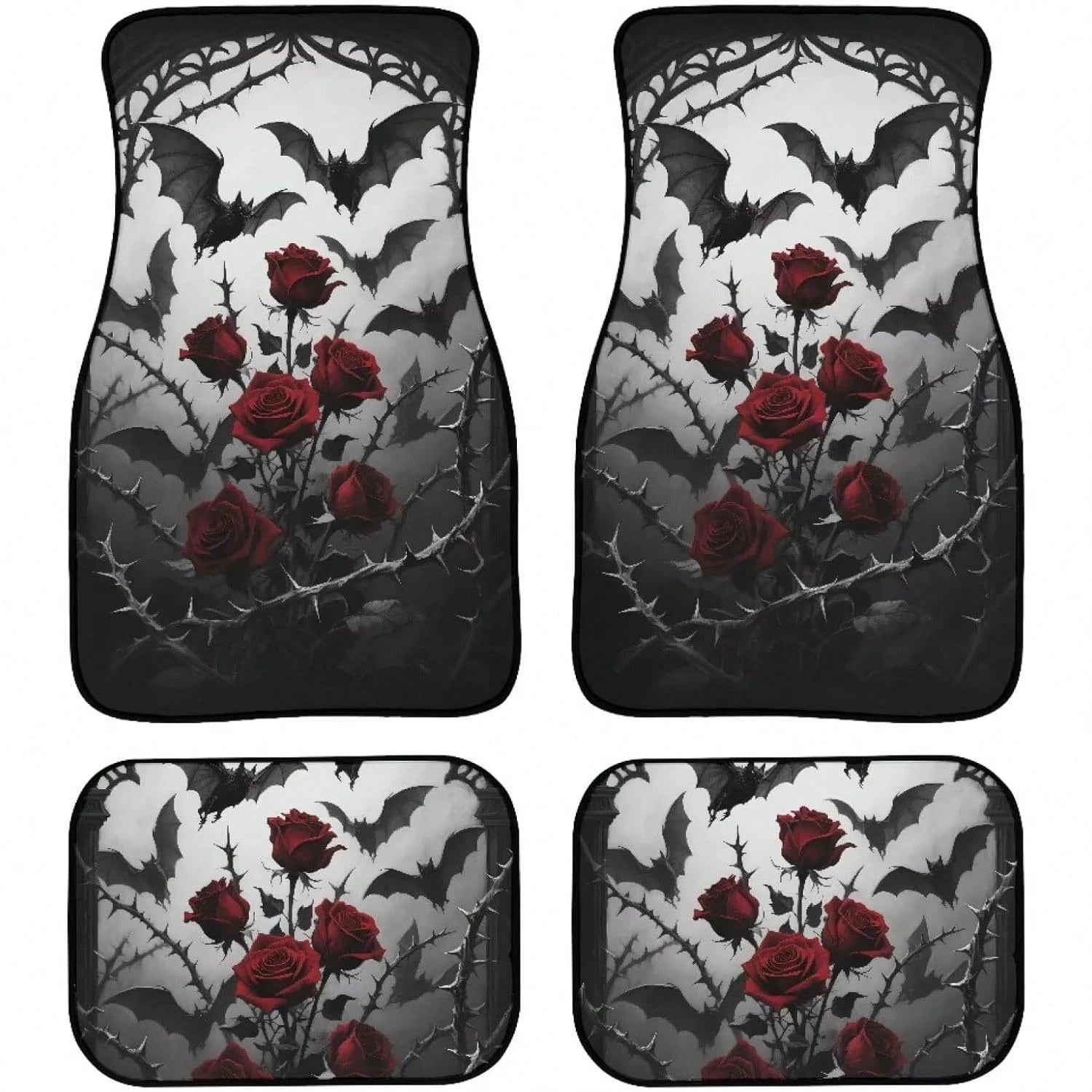 Gothic Rose Car Floor Mats Feature A Pattern Of Halloween Bats And Rose Thorns, Suitable For All Weather Conditions. These Mats Are Designed For The Front And Rear Seats Of Cars And Trucks, Showcasing